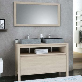 Ensemble meuble 120 cm Chêne clair avec plan en bois + miroir