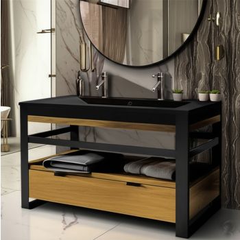 Meuble 120 cm en chêne naturel et métal noir, plan vasque noir et tiroir - IRON