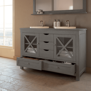 Meuble 120 cm en bois massif gris portes vitrées et tiroirs - Boho