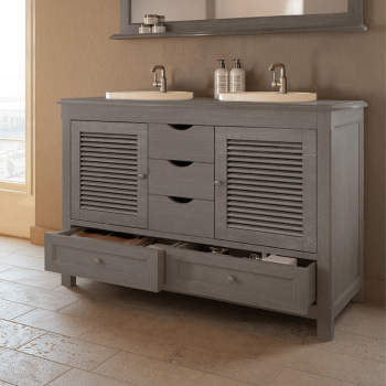 Meuble 120 cm en bois massif gris portes persiennes et tiroirs - Boho
